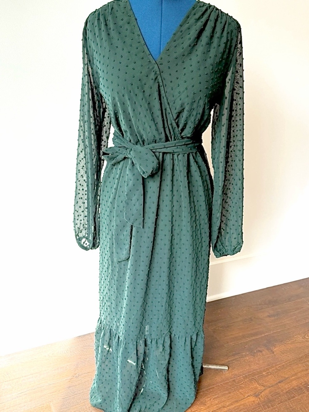 Textured Dot Faux Wrap Midi Dress in Deep Green
